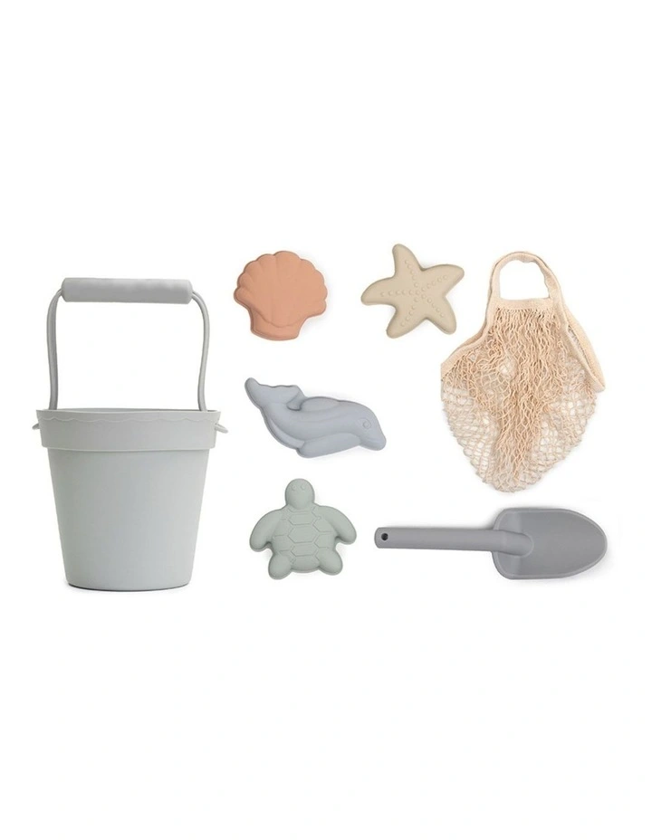 Silicone Beach Toys Bucket, Spade & Mould Set with Cotton Mesh Tote
