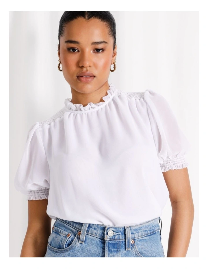 Recycled Smocked Detail Puff Sleeve Top in White