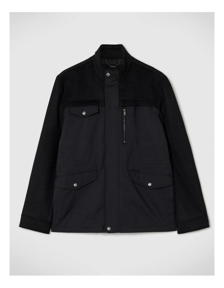 Funnel Neck Contrast Wool Blend And Tech Fabric Coat in Black