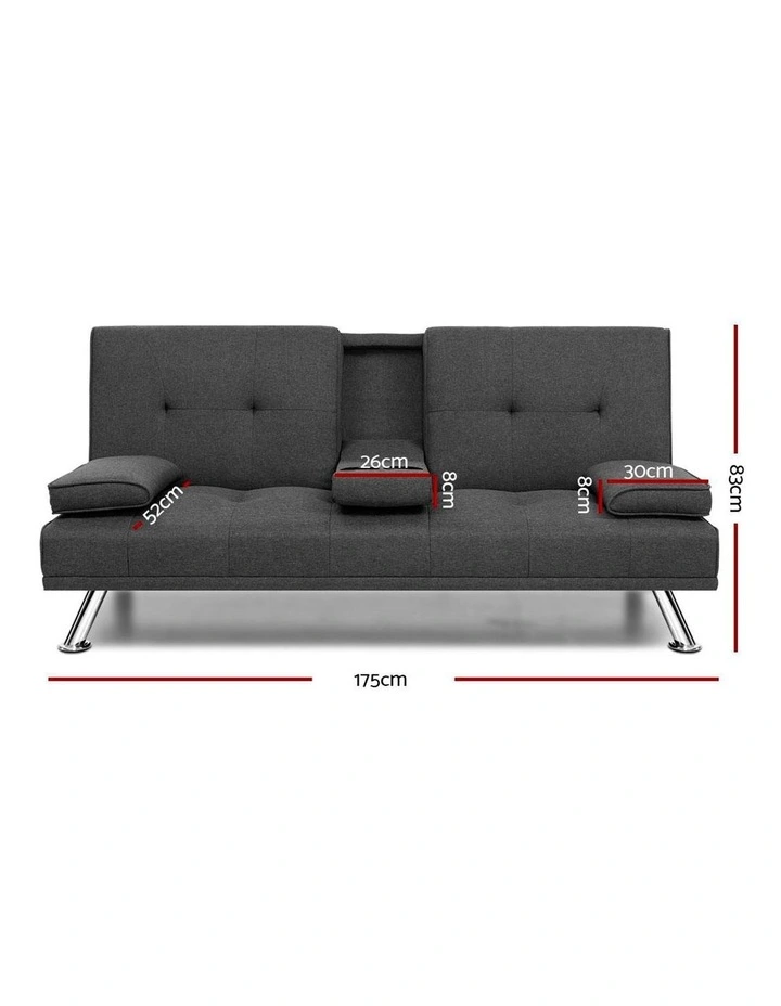 Linen Fabric 3 Seater Sofa Bed Recliner Lounge Couch Cup Holder Futon Dark Grey