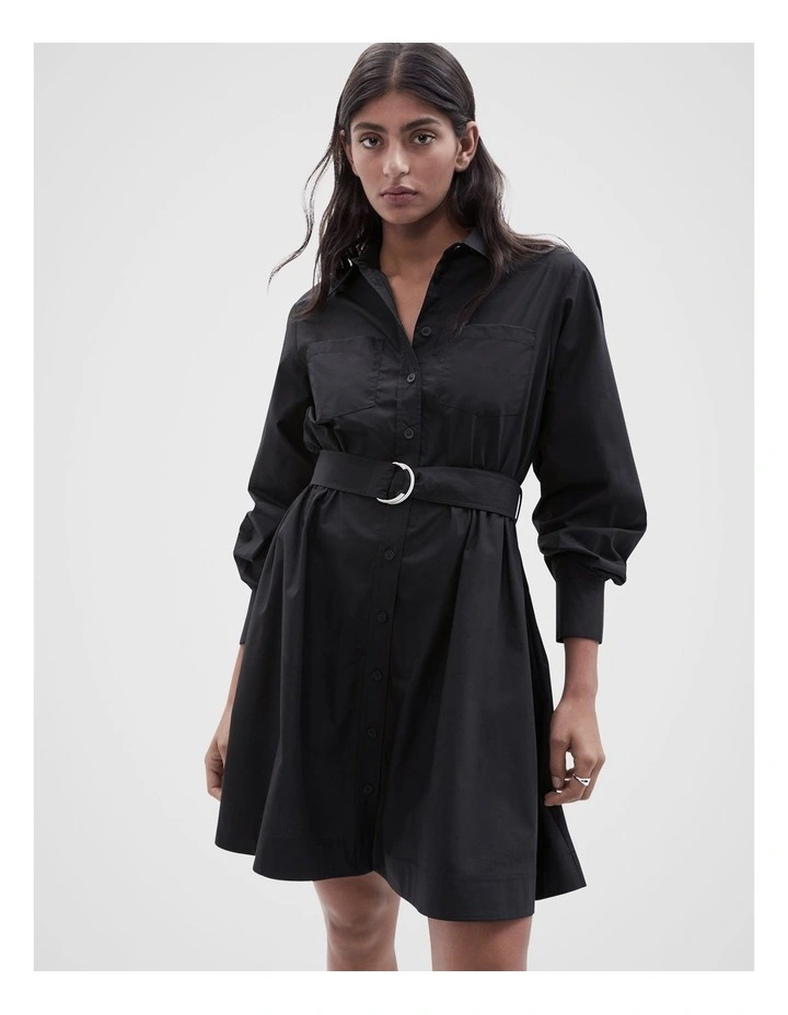 Belted Shirt Dress in Black