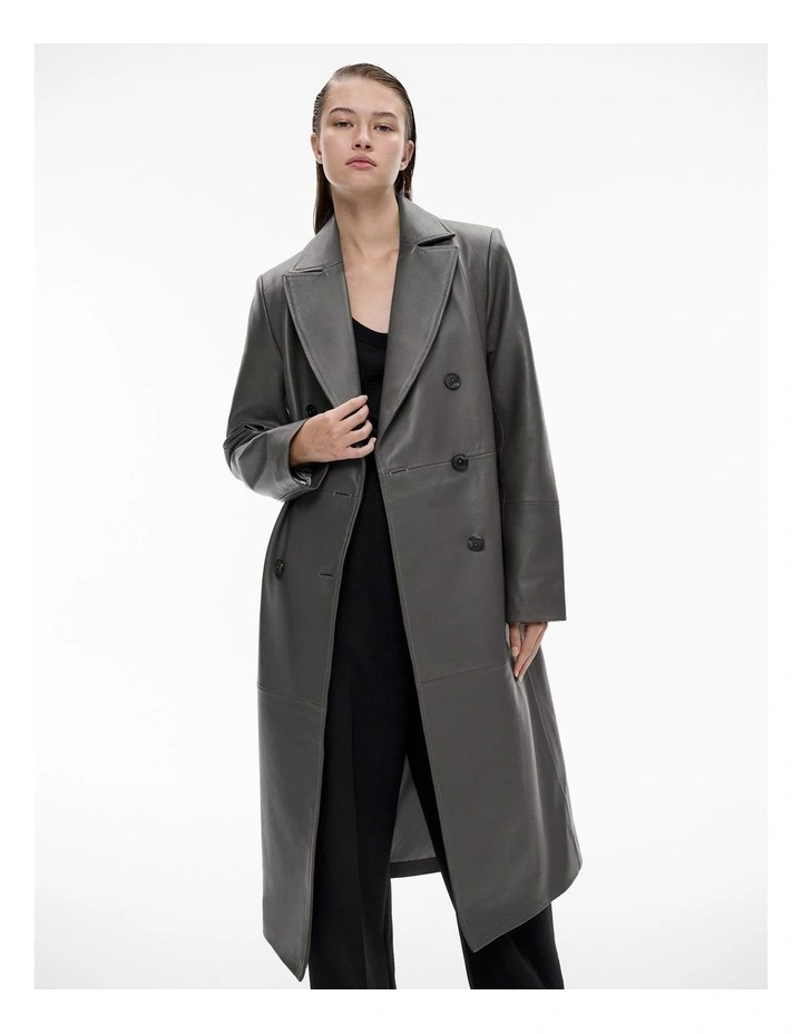 Leather Double Breasted Coat in Mid Grey