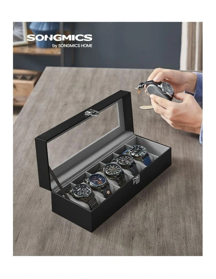 6 Slot Watch Box with Glass Lid Removable Watch Pillows Case in Black