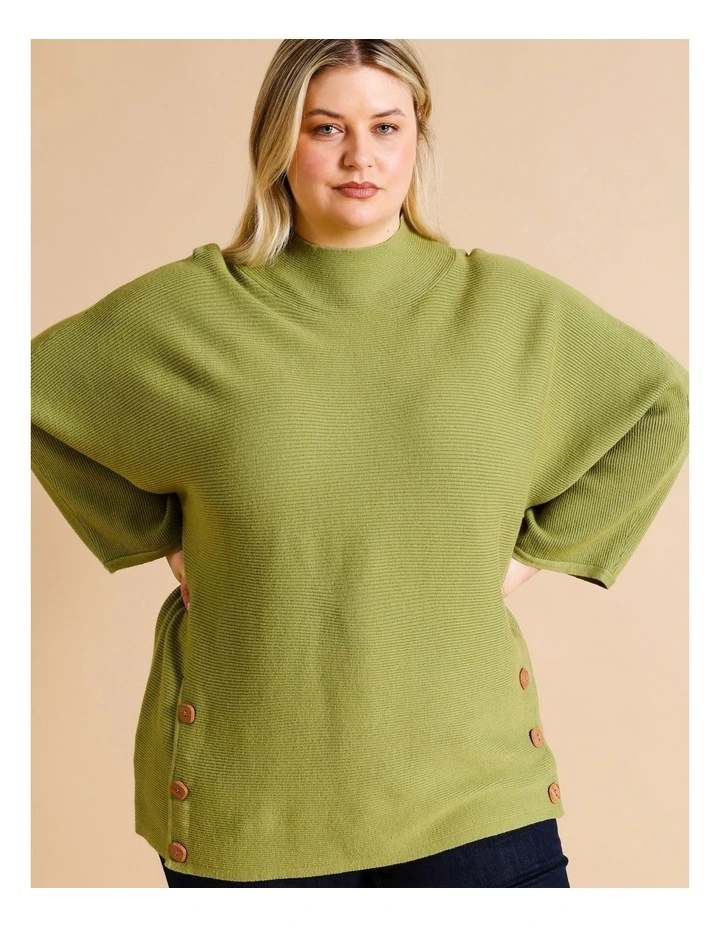 Sustainable Viscose Blend Button Side Magyar Sleeve Jumper In Avocado