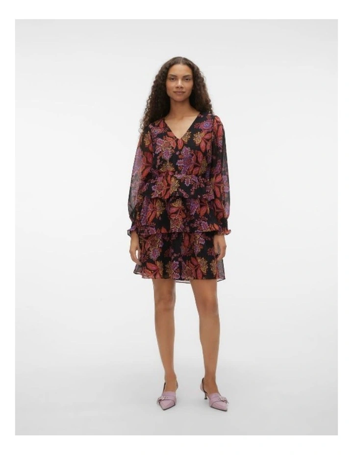 Kara Long Sleeve Tiered Dress in Black