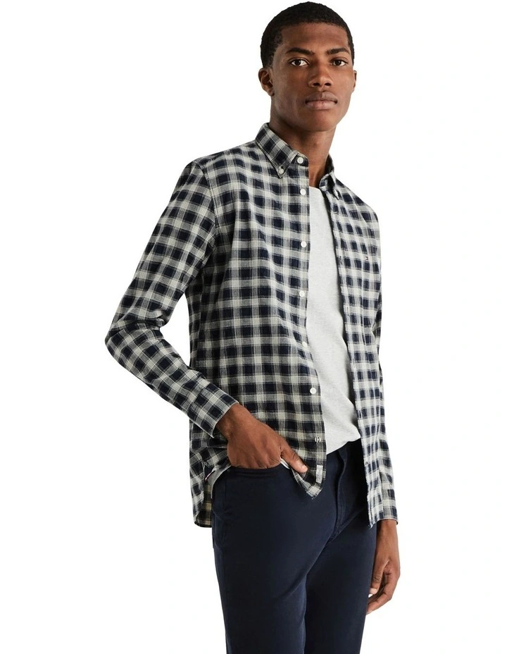 Flex Textured Grid Check Long Sleeve Shirt in Navy