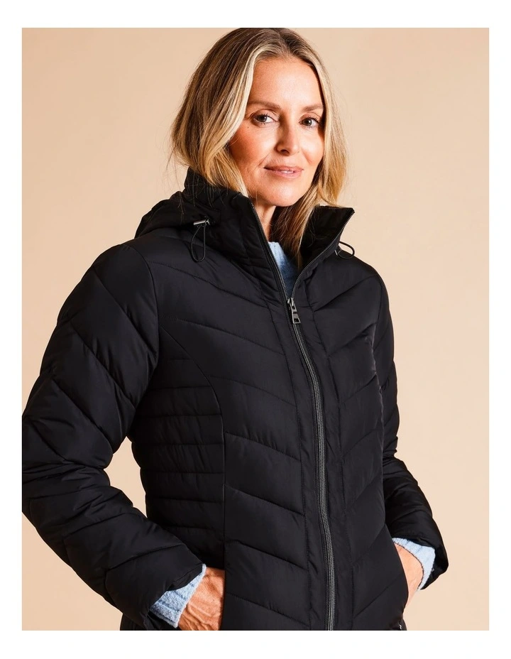 Recycled Polyester Longline Quilted Jacket With Fold Away Hood In Black
