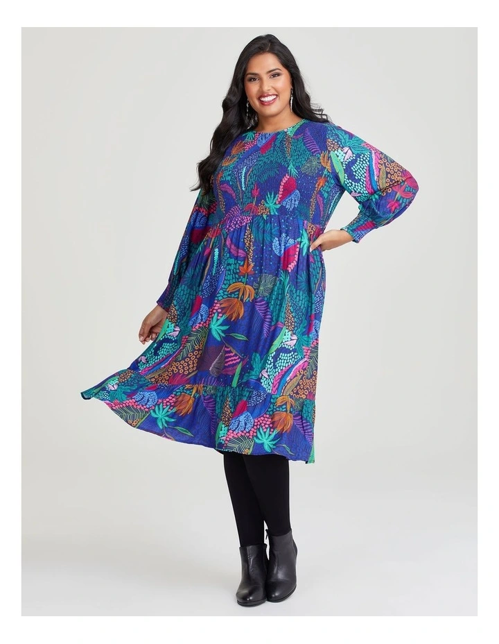 Natural Leaf Shirred Dress in Print
