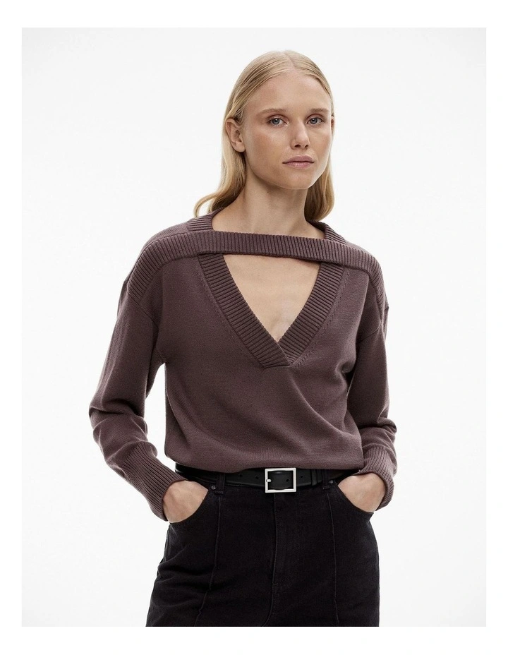 Wool V Cut Out Knit in Raisin