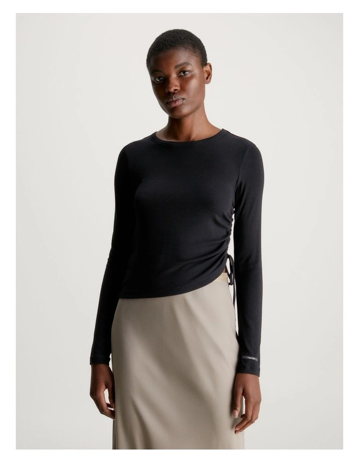 Modal Rib Gathered Long Sleeve Tee in Black