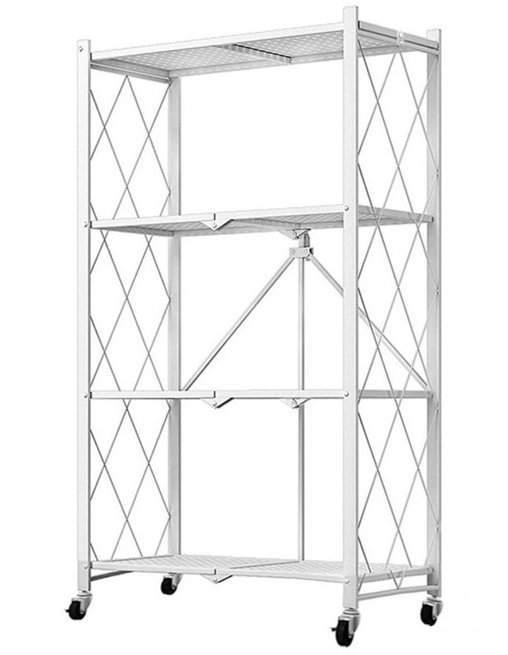 4 Tier Steel Foldable Kitchen Storage Organizer with Wheels in White