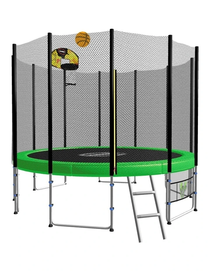 Blizzard 8ft Round Spring Trampoline with Net Mat Ladder and Basketball Set Green