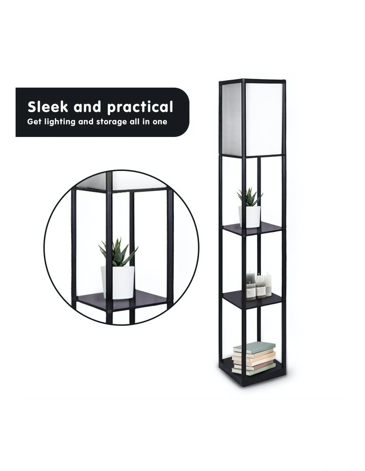 Etagere Floor Lamp Shelves Black Frame Tapered Linen Brown Fabric Shade Stand