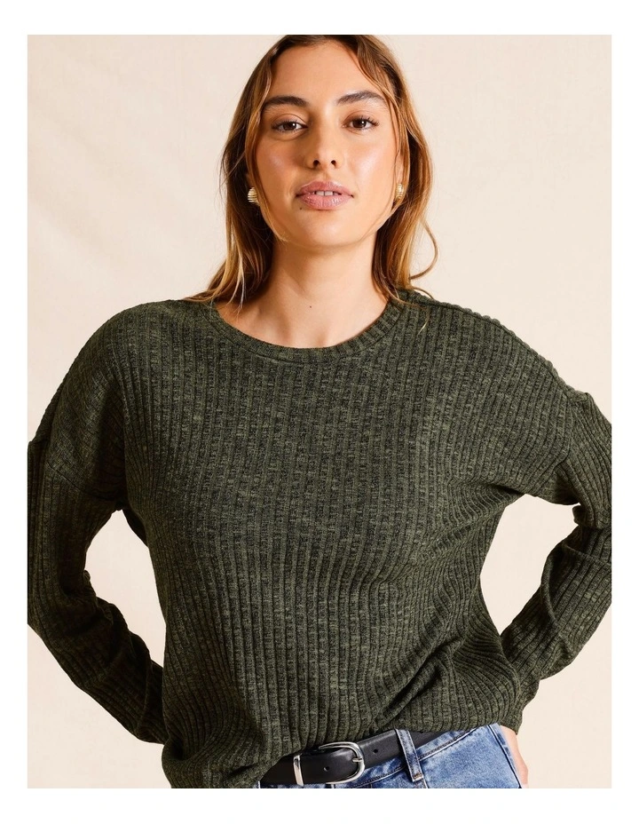 Long Sleeve Drop Shoulder Rib in Khaki