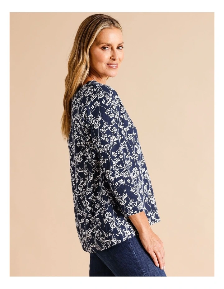 3/4 Sleeve Swing Tee In Navy/Chalk Monotone Floral