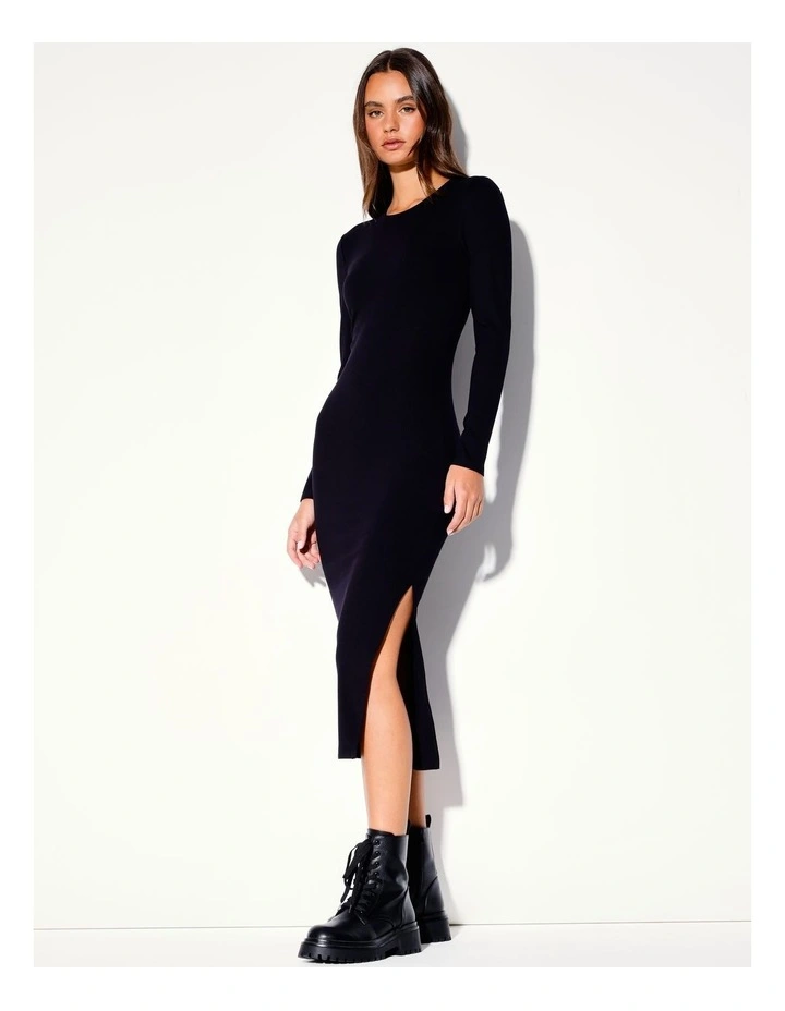 Eco Blend Long Sleeve Crew Neck Rib Midi Dress in Black
