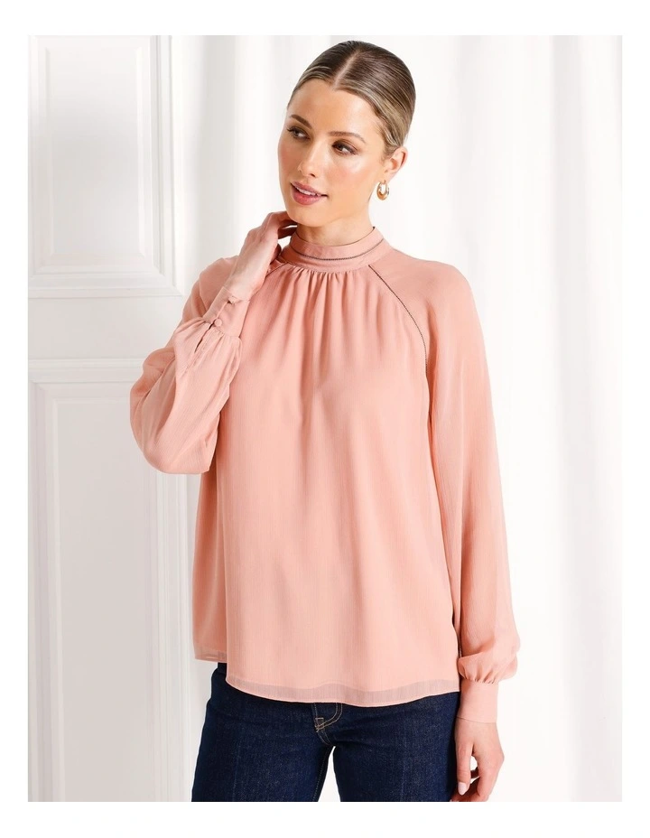 Ladder Trim Detail Raglan Sleeve Blouse in Dusty Pink