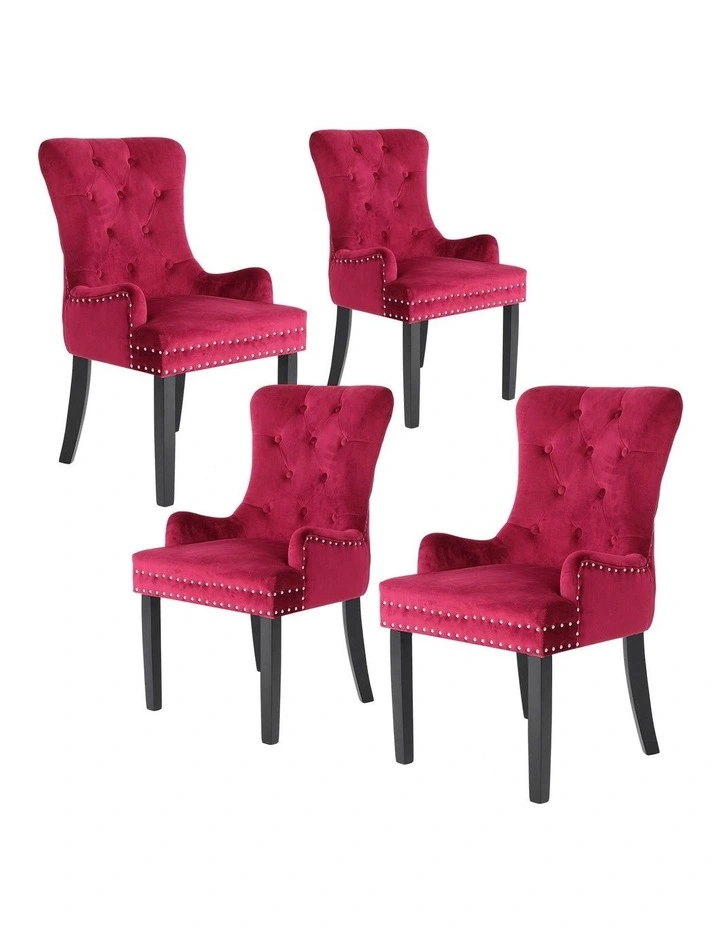 French Provincial Ring Studded Lisse Velvet Dining Chair 4 Set in Red