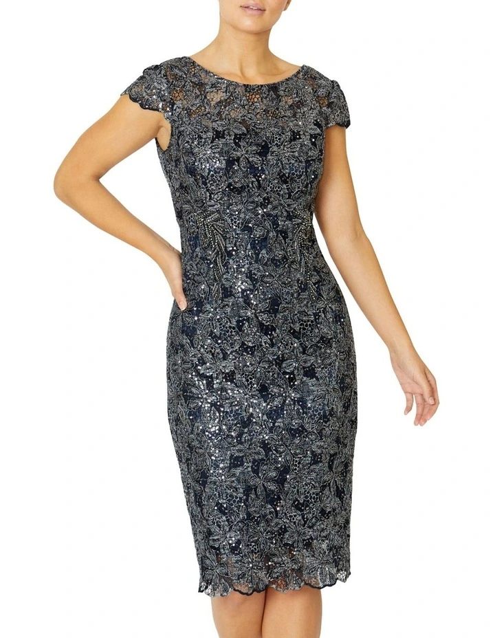 Venetia Sequin Lace Dress in Navy