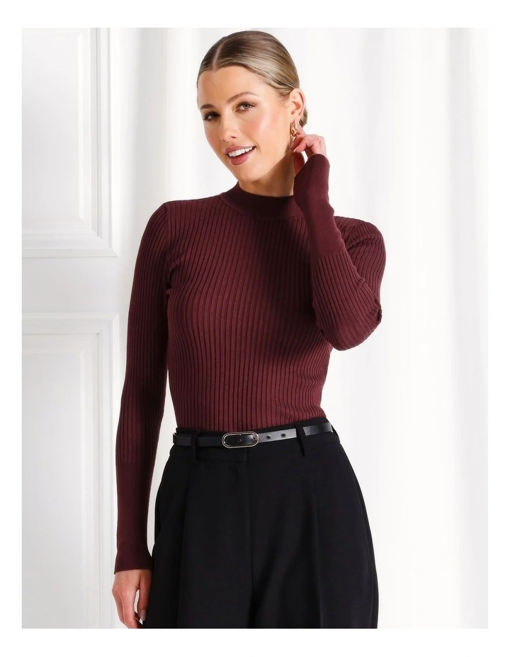High Neck Long Sleeve Rib Knit Top in Wine