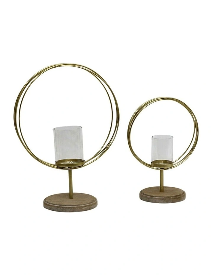 Candle Holders on Timber Base Set of 2 in Gold/Natural