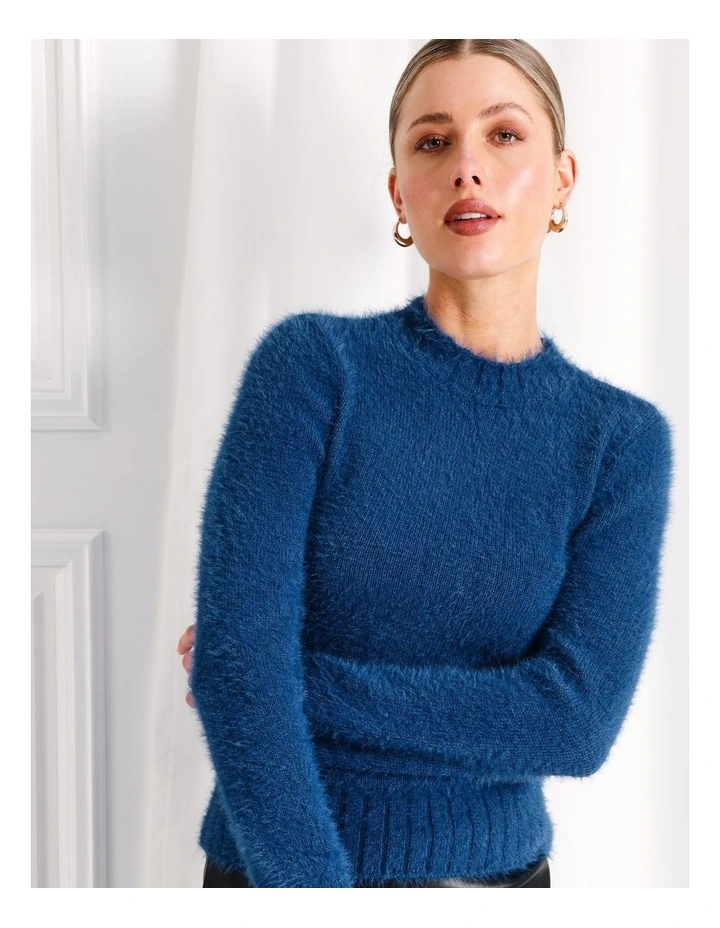 Recycled Blend Fluffy Crew Neck Knit Top in Cobalt