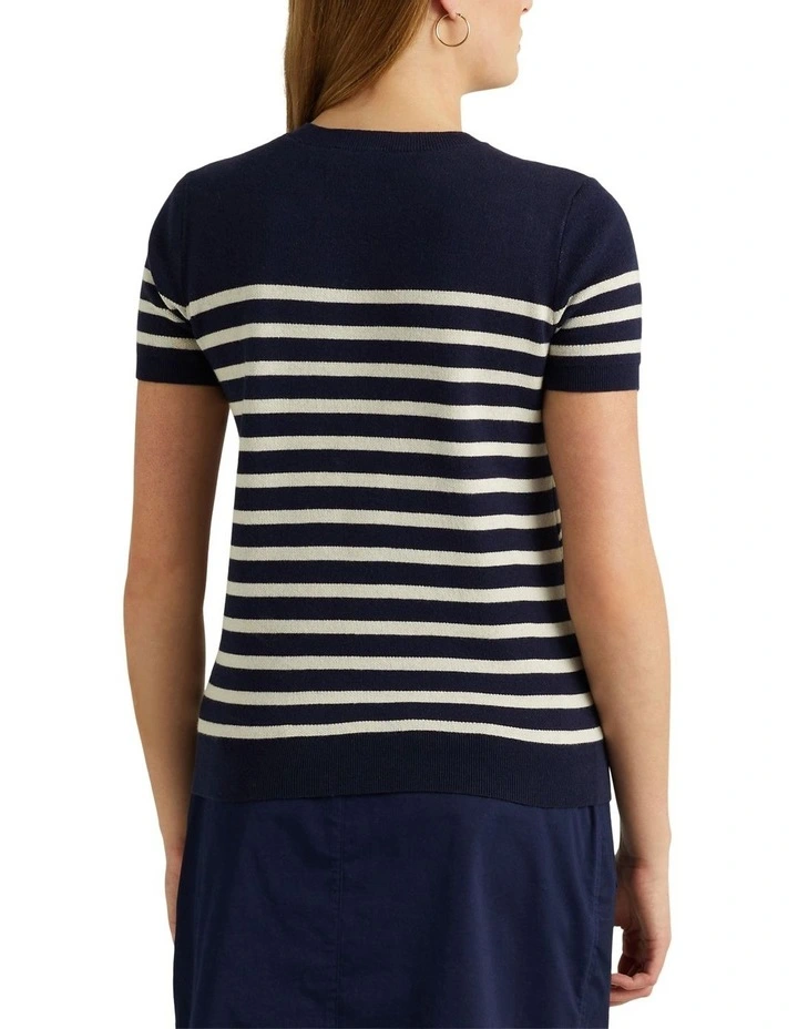 Logo Striped Short-Sleeve Sweater in Navy