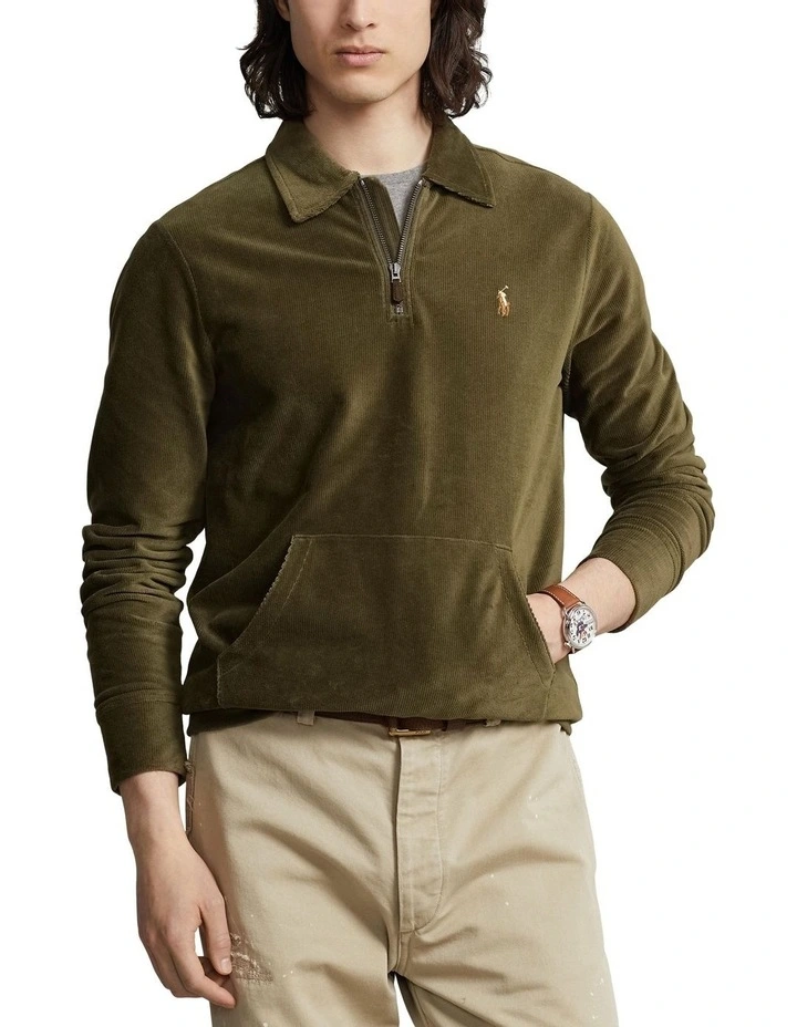 Knit Corduroy Quarter-Zip Pullover in Green