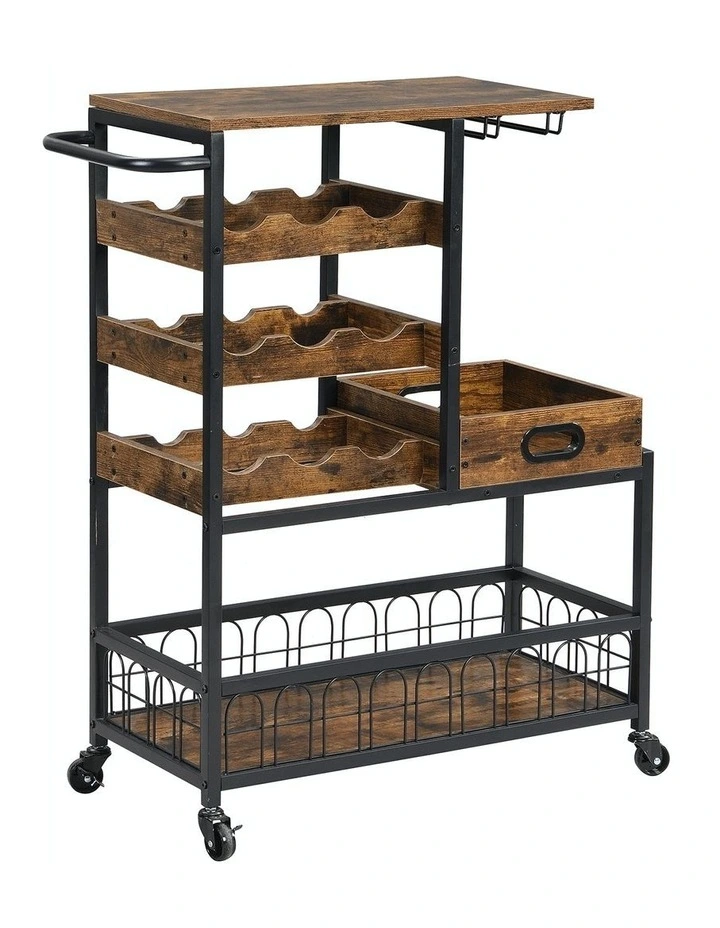Bar Cart on Wheels with Wine Rack and Glass Holder in Rustic Brown