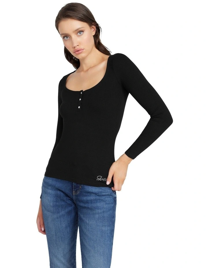 Long Sleeve Karlee Jewel Button Henley Tee in Black