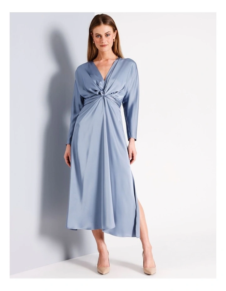 RECYCED POLYESTER KIMONO SLEEVE SATIN TWIST FRONT MIDI DRESS IN DUSTY BLUE