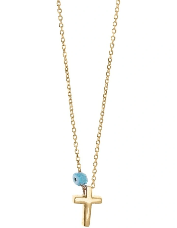 Tiny Shiny Cross Necklace w/ Evil Eye Gold