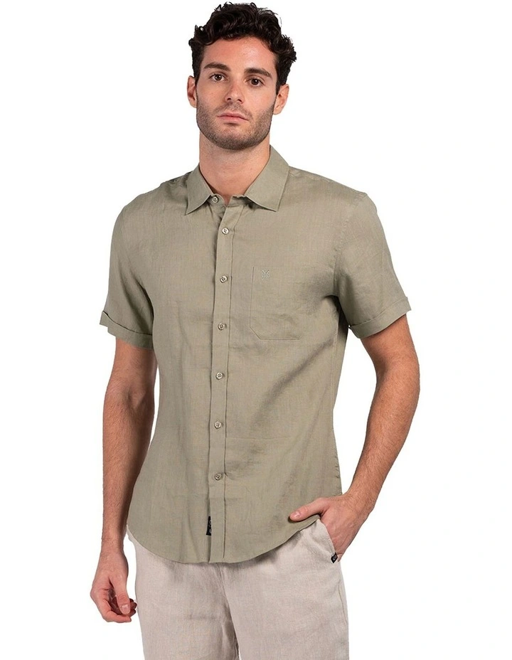Short Sleeve Linen Shirt in Cedar Green