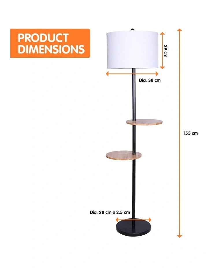 Metal Floor Lamp Stand With Black Post In Round Shade Wooden Shelves White