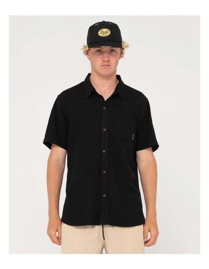Overtone Short Sleeve Linen Shirt in Black