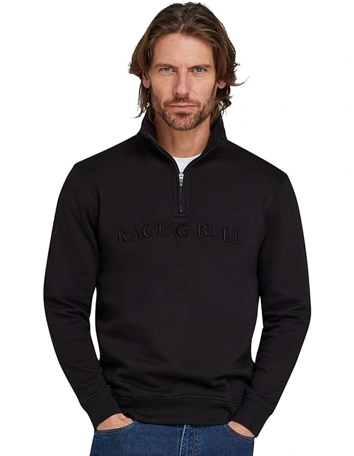 Tonal Embroided Quarter Zip Sweat Top in Black