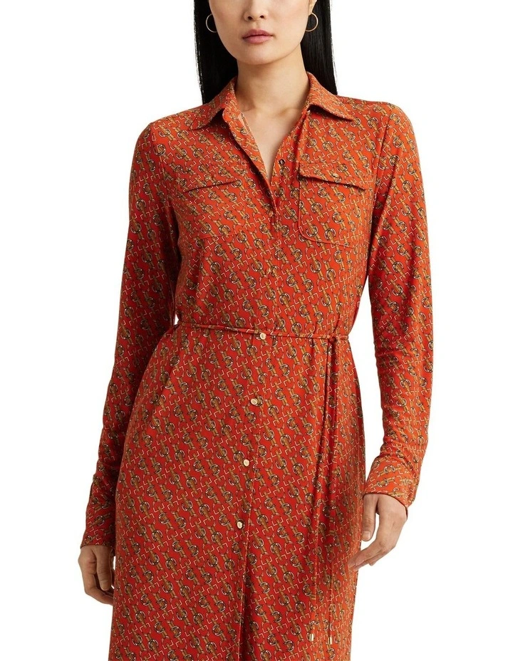 Equestrian-Print Jersey Shirtdress in Orang
