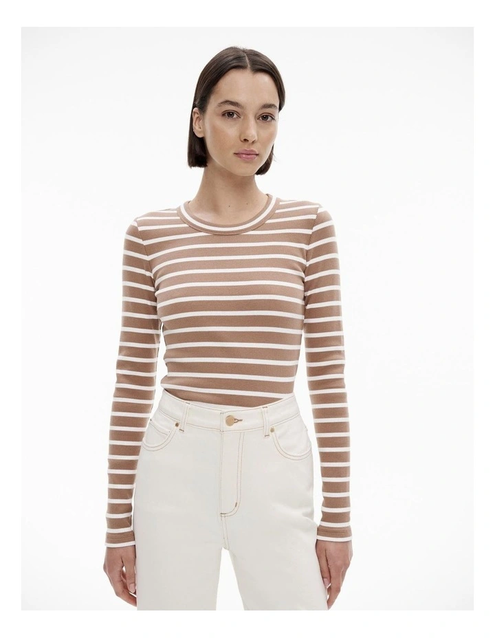 Stripe Long Sleeve Rib Top in Cappucino