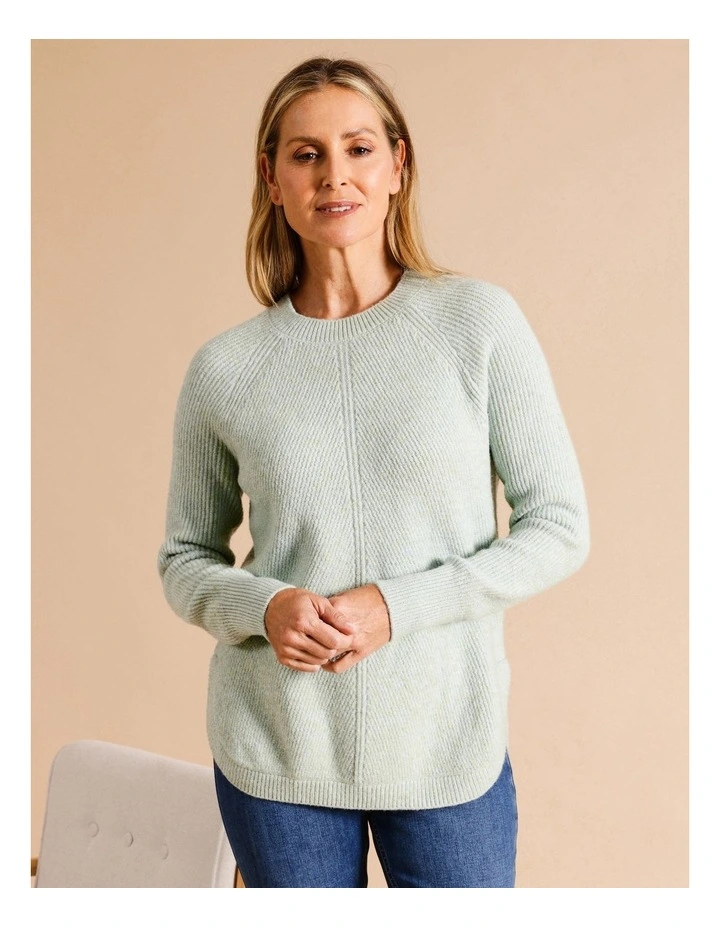 Diagonal Rib Jumper With Curved Hem In Light Green Marle