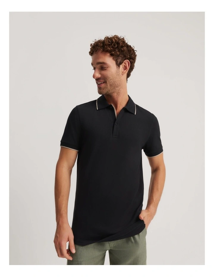 Slim Fit Stretch Pique Polo Shirt in Black
