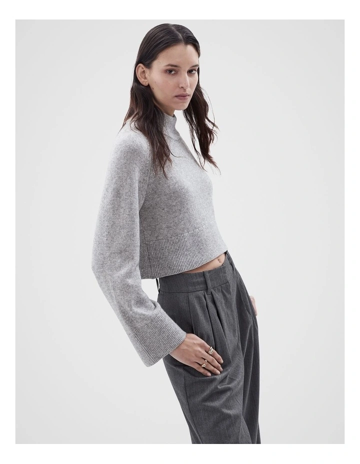 Cropped High Neck Knit Jumper in Grey Marle