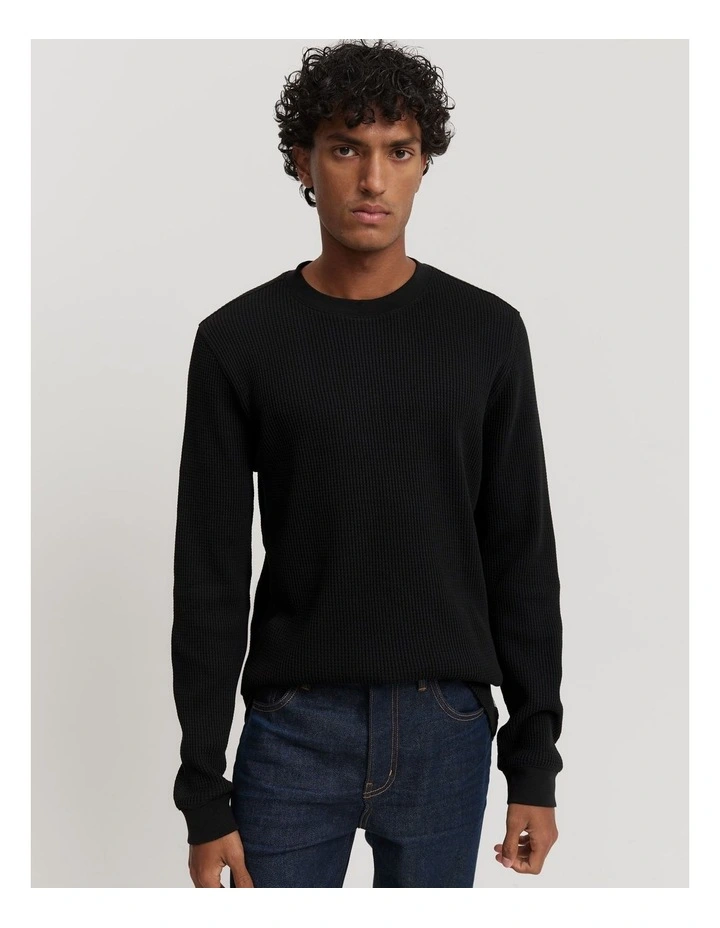 Australian Cotton Waffle Long Sleeve Crew Neck in Black