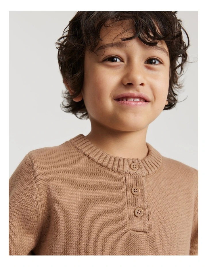 Organically Grown Cotton Blend Henley Knit in Camel