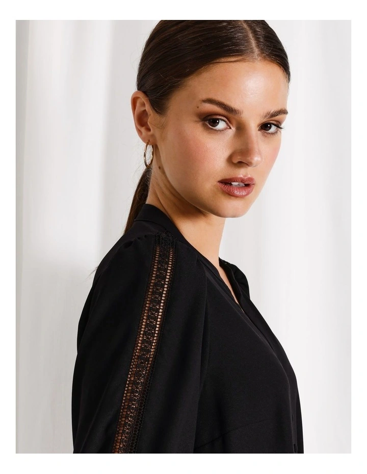 Recycled Blend Lace Insert Long Sleeve Blouse in Black