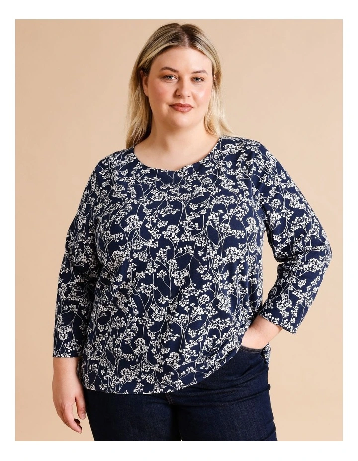 3/4 Sleeve Swing Tee In Navy/Chalk Monotone Floral