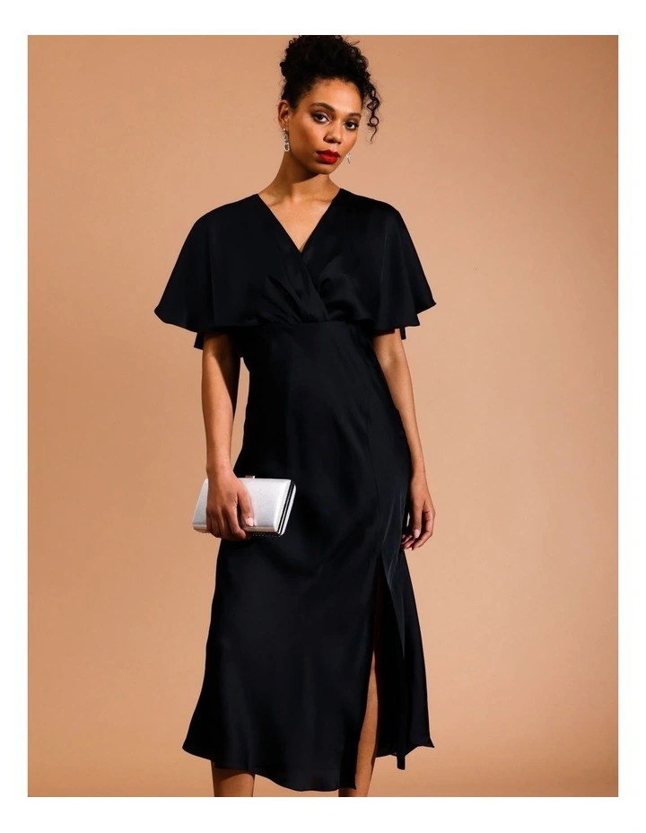 Recycled Satin Cape Sleeve Midi Dress in Black