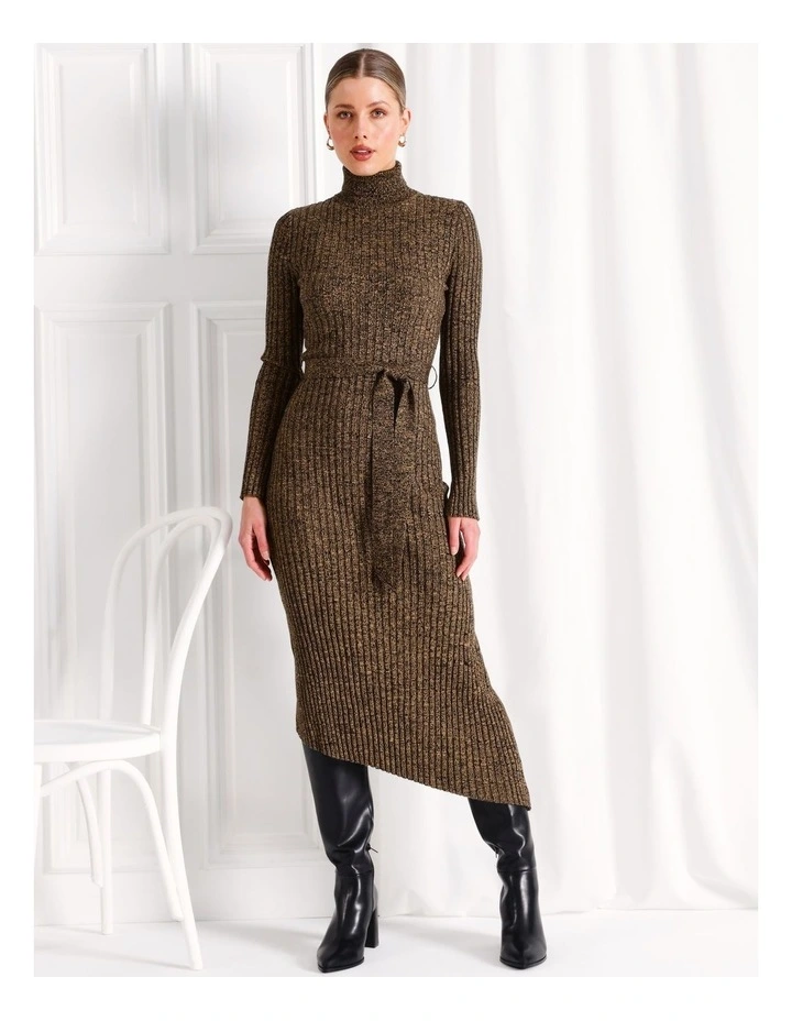 Asymmetrical Rib Knit Midi Dress in Camel