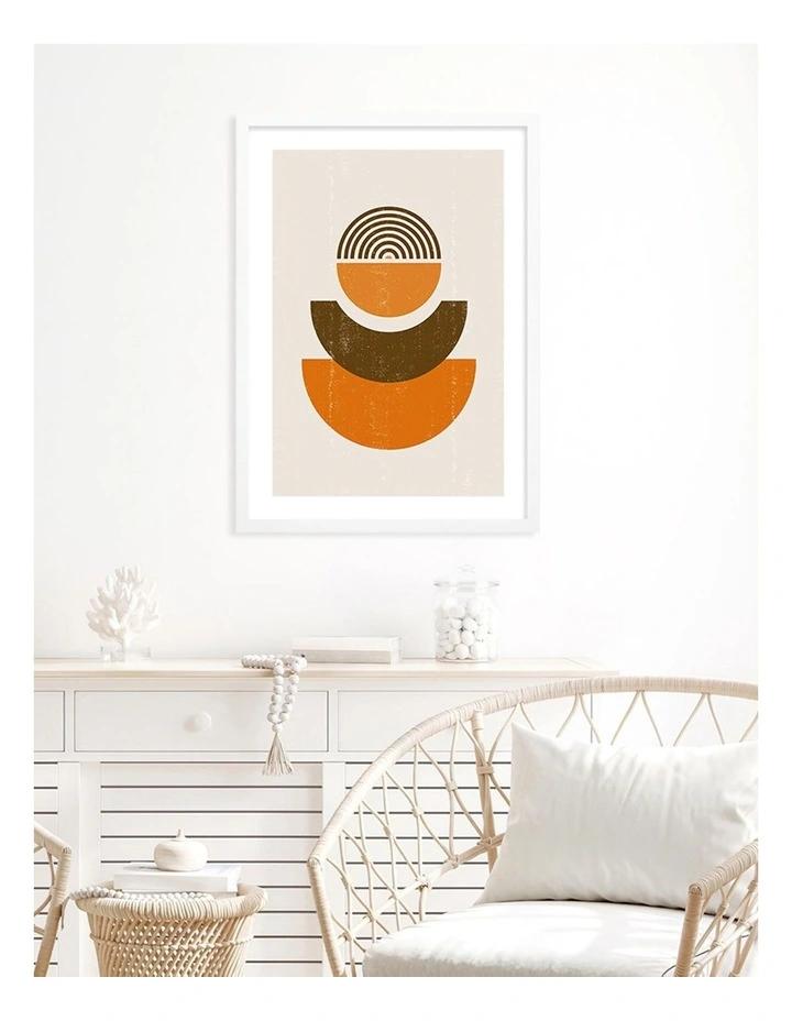 Australian Made Orange Boho Sun Shapes Art Print A2 in White Frame