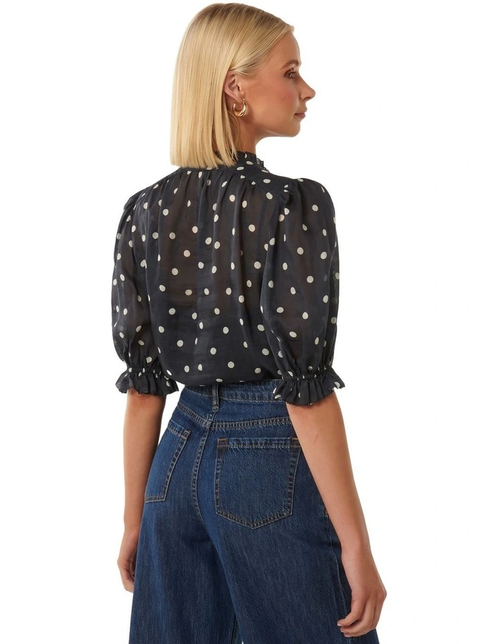 Rita Half Placket Ramie Blouse in Navy