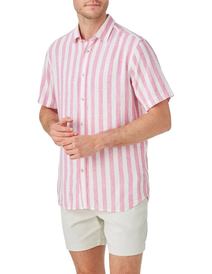 Sebby Linen Blend Stripe Shirt in Raspberry